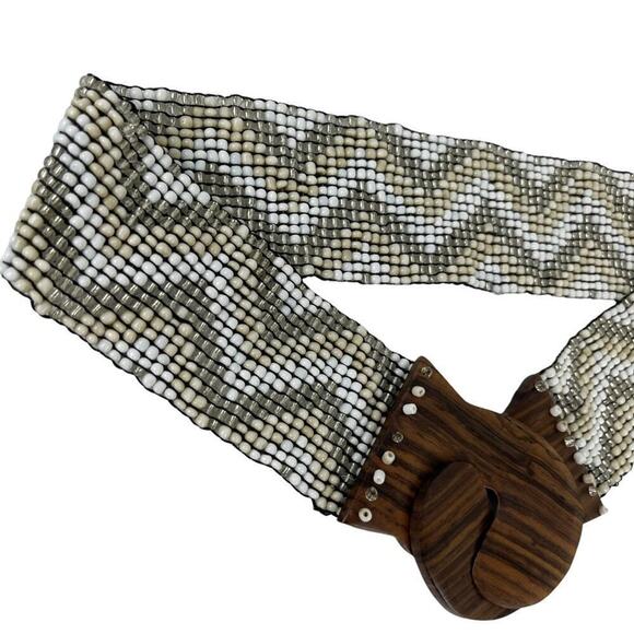 Vintage Hand-made Boho Belt Stretchy Beaded Bali Belt with Wooden Hook Buckle - Picture 11 of 15